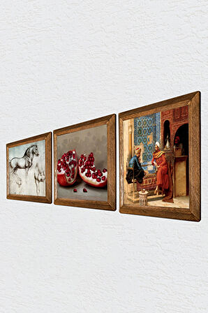 Satranç Oyunu, Leonardo da Vinci At Heykeli, Nar Taş Duvar Tablosu Ahşap Çerçeveli Duvar Dekoru 3 Parça Tablo Seti Wall Art