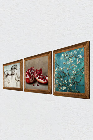Van Gogh Badem Ağacı, Leonardo da Vinci At Heykeli, Nar Taş Duvar Tablosu Ahşap Çerçeveli Duvar Dekoru 3 Parça Tablo Seti Wall Art