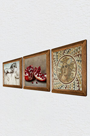 Mozaik Serisi, Leonardo da Vinci At Heykeli, Nar Taş Duvar Tablosu Ahşap Çerçeveli Duvar Dekoru 3 Parça Tablo Seti Wall Art