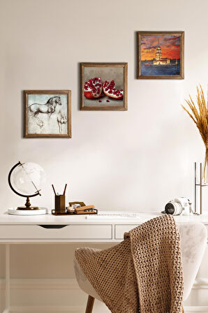 İstanbul Kız Kulesi, Leonardo da Vinci At Heykeli, Nar Taş Duvar Tablosu Ahşap Çerçeveli Duvar Dekoru 3 Parça Tablo Seti Wall Art