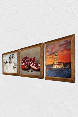 İstanbul Kız Kulesi, Leonardo da Vinci At Heykeli, Nar Taş Duvar Tablosu Ahşap Çerçeveli Duvar Dekoru 3 Parça Tablo Seti Wall Art