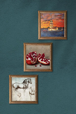 İstanbul Kız Kulesi, Leonardo da Vinci At Heykeli, Nar Taş Duvar Tablosu Ahşap Çerçeveli Duvar Dekoru 3 Parça Tablo Seti Wall Art