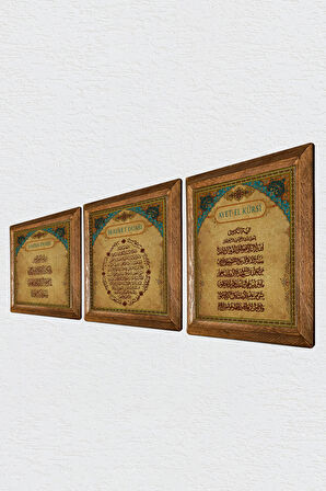 Nazar Duası, Bereket Duası, Ayet-el Kürsi Taş Duvar Tablosu Ahşap Çerçeveli Duvar Dekoru 3 Parça Tablo Seti Wall Art