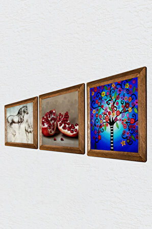 Hayat Ağacı, Leonardo da Vinci At Heykeli, Nar Taş Duvar Tablosu Ahşap Çerçeveli Duvar Dekoru 3 Parça Tablo Seti Wall Art