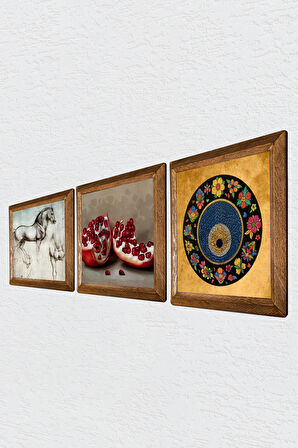 Nazar Boncuğu, Leonardo da Vinci At Heykeli, Nar Taş Duvar Tablosu Ahşap Çerçeveli Duvar Dekoru 3 Parça Tablo Seti Wall Art