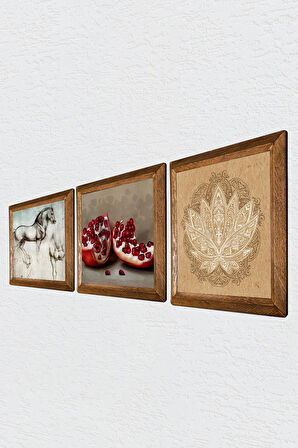 Lotus Çiçeği, Leonardo da Vinci At Heykeli, Nar Taş Duvar Tablosu Ahşap Çerçeveli Duvar Dekoru 3 Parça Tablo Seti Wall Art