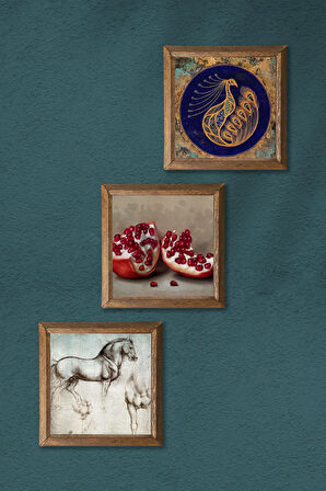 Tavus Kuşu, Leonardo da Vinci At Heykeli, Nar Taş Duvar Tablosu Ahşap Çerçeveli Duvar Dekoru 3 Parça Tablo Seti Wall Art