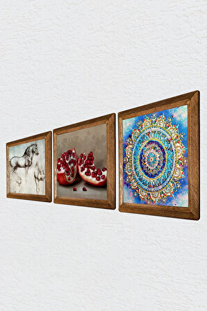 Mandala, Leonardo da Vinci At Heykeli, Nar Taş Duvar Tablosu Ahşap Çerçeveli Duvar Dekoru 3 Parça Tablo Seti Wall Art