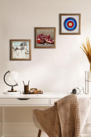 Nazar, Leonardo da Vinci At Heykeli, Nar Taş Duvar Tablosu Ahşap Çerçeveli Duvar Dekoru 3 Parça Tablo Seti Wall Art