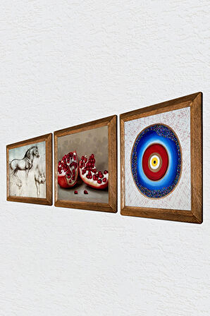 Nazar, Leonardo da Vinci At Heykeli, Nar Taş Duvar Tablosu Ahşap Çerçeveli Duvar Dekoru 3 Parça Tablo Seti Wall Art