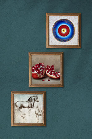 Nazar, Leonardo da Vinci At Heykeli, Nar Taş Duvar Tablosu Ahşap Çerçeveli Duvar Dekoru 3 Parça Tablo Seti Wall Art