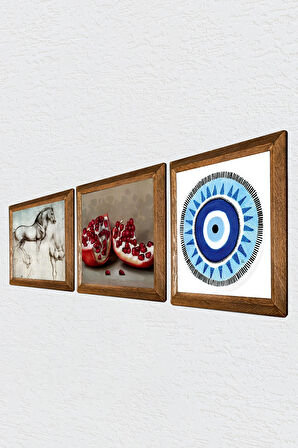 Nazar, Leonardo da Vinci At Heykeli, Nar Taş Duvar Tablosu Ahşap Çerçeveli Duvar Dekoru 3 Parça Tablo Seti Wall Art