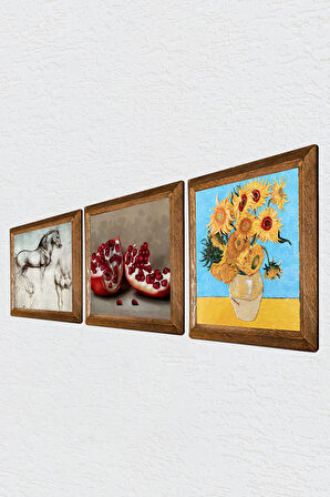 Van Gogh On İki Ayçiçekli Vazo, Da Vinci At Heykeli, Nar Taş Duvar Tablosu Ahşap Çerçeveli Duvar Dekoru 3 Parça Tablo Seti Wall Art