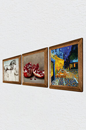 Van Gogh Kafe Terasta Gece, Da Vinci At Heykeli, Nar Taş Duvar Tablosu Ahşap Çerçeveli Duvar Dekoru 3 Parça Tablo Seti Wall Art