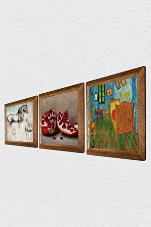 Van Gogh Yatak Odası, Leonardo da Vinci At Heykeli, Nar Taş Duvar Tablosu Ahşap Çerçeveli Duvar Dekoru 3 Parça Tablo Seti Wall Art