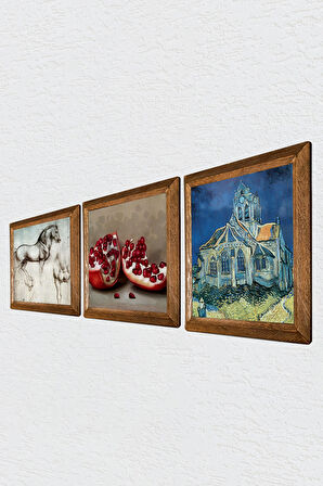 Van Gogh Kilise, Leonardo da Vinci At Heykeli, Nar Taş Duvar Tablosu Ahşap Çerçeveli Duvar Dekoru 3 Parça Tablo Seti Wall Art