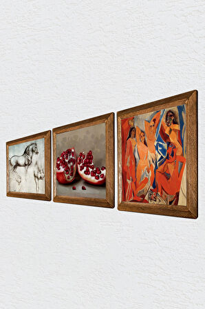Picasso Avignonlu Kızlar, Leonardo da Vinci At Heykeli, Nar Taş Duvar Tablosu Ahşap Çerçeveli Duvar Dekoru 3 Parça Tablo Seti Wall Art