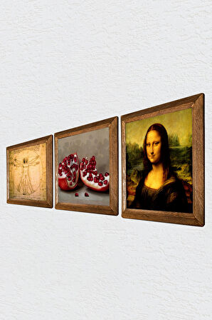 Leonardo da Vinci Mona Lisa, Vitruvius Adamı, Nar Taş Duvar Tablosu Ahşap Çerçeveli Duvar Dekoru 3 Parça Tablo Seti Wall Art