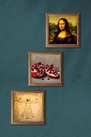 Leonardo da Vinci Mona Lisa, Vitruvius Adamı, Nar Taş Duvar Tablosu Ahşap Çerçeveli Duvar Dekoru 3 Parça Tablo Seti Wall Art