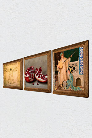 İki Müzisyen Kız, Leonardo da Vinci Vitruvius Adamı, Nar Taş Duvar Tablosu Ahşap Çerçeveli Duvar Dekoru 3 Parça Tablo Seti Wall Art