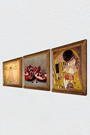 Gustav Klimt Öpücük, Leonardo da Vinci Vitruvius Adamı, Nar Taş Duvar Tablosu Ahşap Çerçeveli Duvar Dekoru 3 Parça Tablo Seti Wall Art