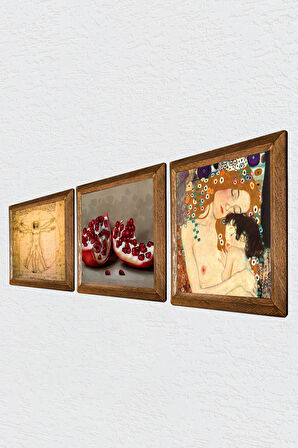 Gustav Klimt Anne Çocuk, Da Vinci Vitruvius Adamı, Nar Taş Duvar Tablosu Ahşap Çerçeveli Duvar Dekoru 3 Parça Tablo Seti Wall Art