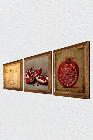Bereket Duası, Nar, Vitruvius Taş Duvar Tablosu Ahşap Çerçeveli Duvar Dekoru 3 Parça Tablo Seti Wall Art