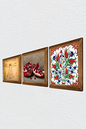 Çini Sanatı Lale, Leonardo da Vinci Vitruvius Adamı, Nar Taş Duvar Tablosu Ahşap Çerçeveli Duvar Dekoru 3 Parça Tablo Seti Wall Art