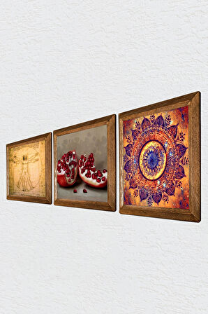 Mandala, Leonardo da Vinci Vitruvius Adamı, Nar Taş Duvar Tablosu Ahşap Çerçeveli Duvar Dekoru 3 Parça Tablo Seti Wall Art