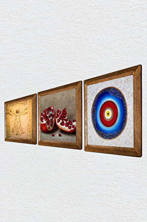 Nazar, Leonardo da Vinci Vitruvius Adamı, Nar Taş Duvar Tablosu Ahşap Çerçeveli Duvar Dekoru 3 Parça Tablo Seti Wall Art