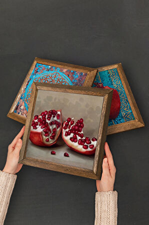 Nazar, Leonardo da Vinci Vitruvius Adamı, Nar Taş Duvar Tablosu Ahşap Çerçeveli Duvar Dekoru 3 Parça Tablo Seti Wall Art