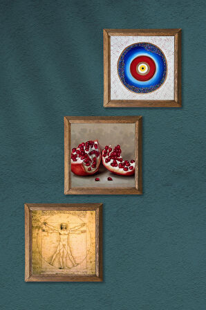 Nazar, Leonardo da Vinci Vitruvius Adamı, Nar Taş Duvar Tablosu Ahşap Çerçeveli Duvar Dekoru 3 Parça Tablo Seti Wall Art