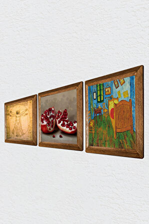 Van Gogh Yatak Odası, Da Vinci Vitruvius Adamı, Nar Taş Duvar Tablosu Ahşap Çerçeveli Duvar Dekoru 3 Parça Tablo Seti Wall Art