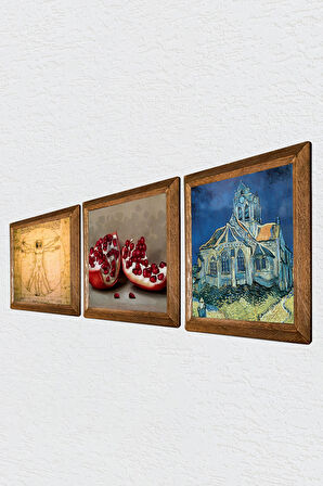 Van Gogh Kilise, Leonardo da Vinci Vitruvius Adamı, Nar Taş Duvar Tablosu Ahşap Çerçeveli Duvar Dekoru 3 Parça Tablo Seti Wall Art