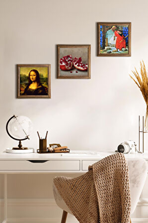 Kaplumbağa Terbiyecisi, Leonardo da Vinci Mona Lisa, Nar Taş Duvar Tablosu Ahşap Çerçeveli Duvar Dekoru 3 Parça Tablo Seti Wall Art