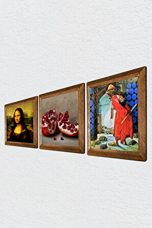 Kaplumbağa Terbiyecisi, Leonardo da Vinci Mona Lisa, Nar Taş Duvar Tablosu Ahşap Çerçeveli Duvar Dekoru 3 Parça Tablo Seti Wall Art