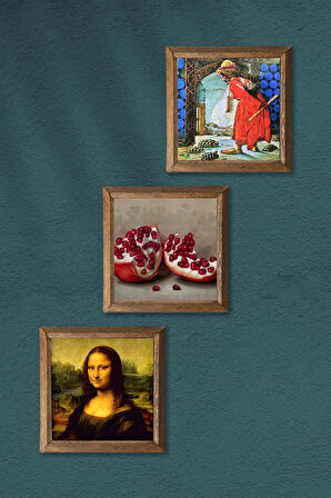 Kaplumbağa Terbiyecisi, Leonardo da Vinci Mona Lisa, Nar Taş Duvar Tablosu Ahşap Çerçeveli Duvar Dekoru 3 Parça Tablo Seti Wall Art