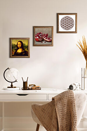 Yaşam Çiçeği, Leonardo da Vinci Mona Lisa, Nar Taş Duvar Tablosu Ahşap Çerçeveli Duvar Dekoru 3 Parça Tablo Seti Wall Art