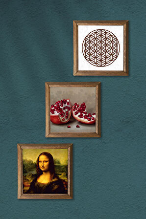 Yaşam Çiçeği, Leonardo da Vinci Mona Lisa, Nar Taş Duvar Tablosu Ahşap Çerçeveli Duvar Dekoru 3 Parça Tablo Seti Wall Art