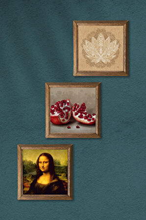Lotus Çiçeği, Leonardo da Vinci Mona Lisa, Nar Taş Duvar Tablosu Ahşap Çerçeveli Duvar Dekoru 3 Parça Tablo Seti Wall Art