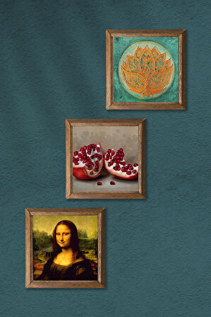 Lotus Çiçeği, Leonardo da Vinci Mona Lisa, Nar Taş Duvar Tablosu Ahşap Çerçeveli Duvar Dekoru 3 Parça Tablo Seti Wall Art