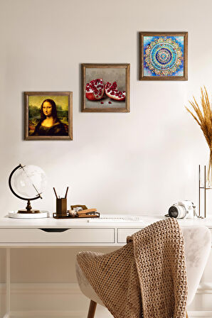 Mandala, Leonardo da Vinci Mona Lisa, Nar Taş Duvar Tablosu Ahşap Çerçeveli Duvar Dekoru 3 Parça Tablo Seti Wall Art