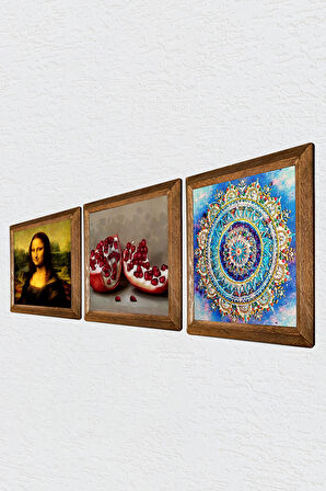 Mandala, Leonardo da Vinci Mona Lisa, Nar Taş Duvar Tablosu Ahşap Çerçeveli Duvar Dekoru 3 Parça Tablo Seti Wall Art