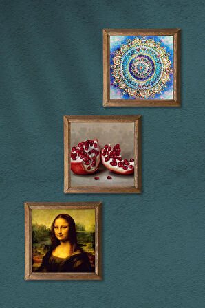 Mandala, Leonardo da Vinci Mona Lisa, Nar Taş Duvar Tablosu Ahşap Çerçeveli Duvar Dekoru 3 Parça Tablo Seti Wall Art