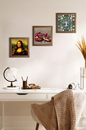 Hayat Ağacı, Leonardo da Vinci Mona Lisa, Nar Taş Duvar Tablosu Ahşap Çerçeveli Duvar Dekoru 3 Parça Tablo Seti Wall Art