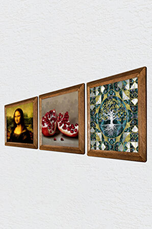 Hayat Ağacı, Leonardo da Vinci Mona Lisa, Nar Taş Duvar Tablosu Ahşap Çerçeveli Duvar Dekoru 3 Parça Tablo Seti Wall Art