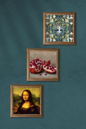 Hayat Ağacı, Leonardo da Vinci Mona Lisa, Nar Taş Duvar Tablosu Ahşap Çerçeveli Duvar Dekoru 3 Parça Tablo Seti Wall Art