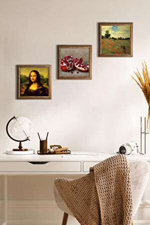 Claude Monet Gelincikler, Leonardo da Vinci Mona Lisa, Nar Taş Duvar Tablosu Ahşap Çerçeveli Duvar Dekoru 3 Parça Tablo Seti Wall Art