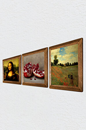 Claude Monet Gelincikler, Leonardo da Vinci Mona Lisa, Nar Taş Duvar Tablosu Ahşap Çerçeveli Duvar Dekoru 3 Parça Tablo Seti Wall Art