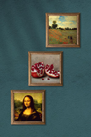 Claude Monet Gelincikler, Leonardo da Vinci Mona Lisa, Nar Taş Duvar Tablosu Ahşap Çerçeveli Duvar Dekoru 3 Parça Tablo Seti Wall Art